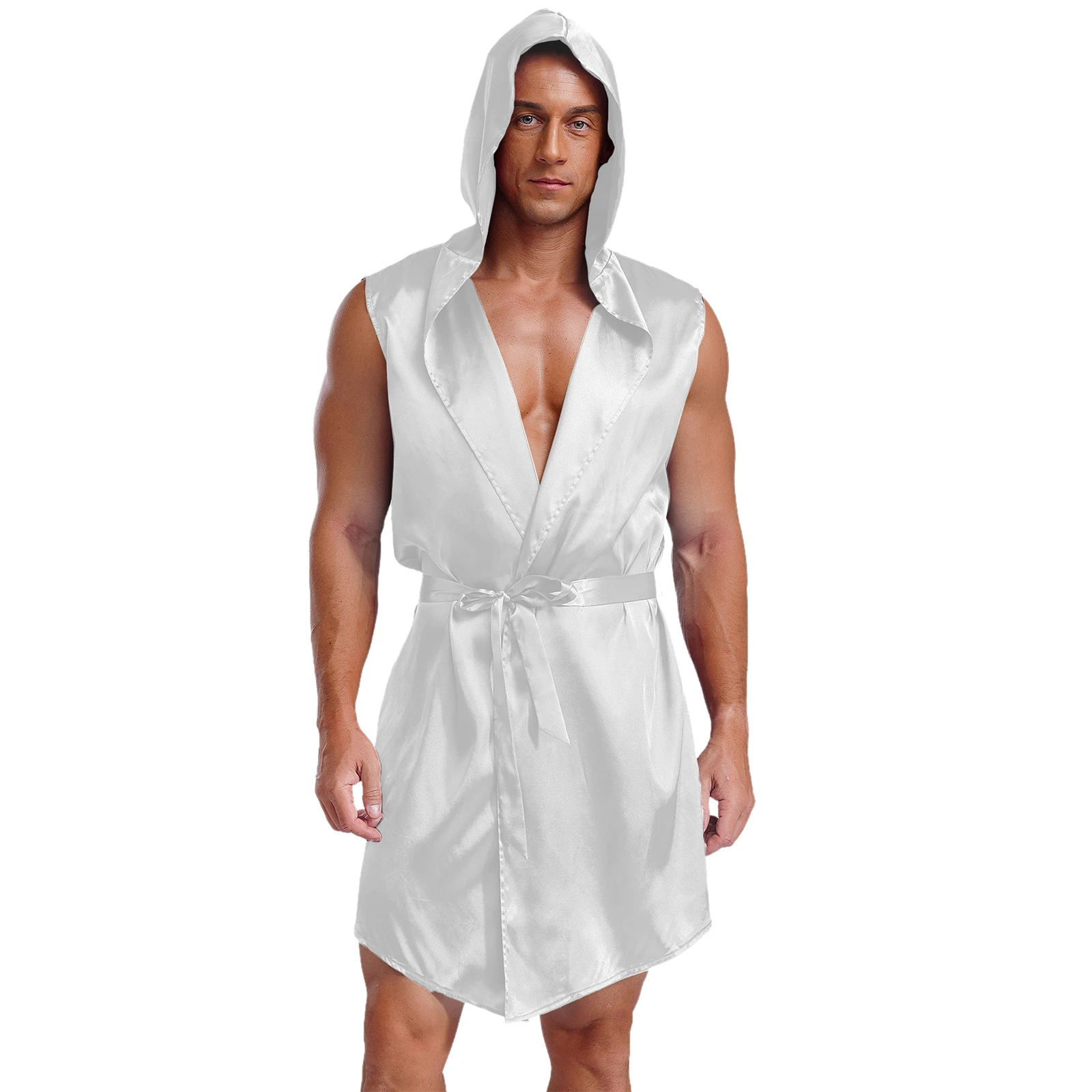 Men Loose Sleepwear Hooded Pajama Robe with Belt Satin Sleeveless Open Front Lace Up Nightdress Sissy Bathroom Robe Homewear