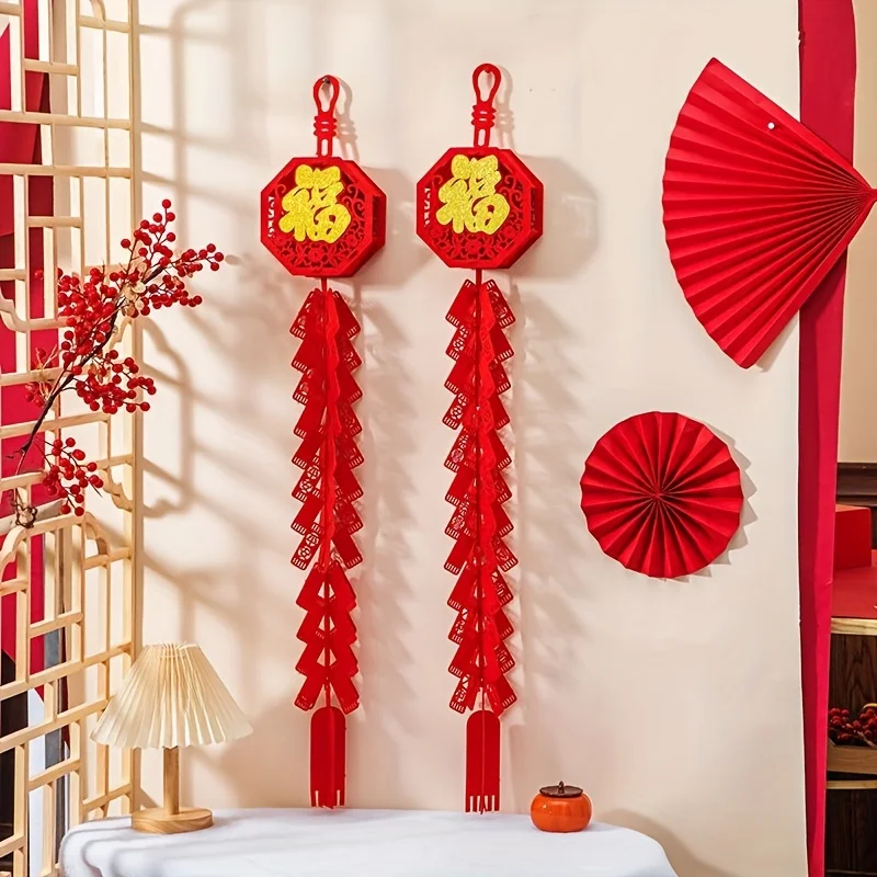 4pcs Spring Festival New Year Home Decoration Joyful Pendant Red Large Three Festival Firecracker Pendant with Festival Ribbon,