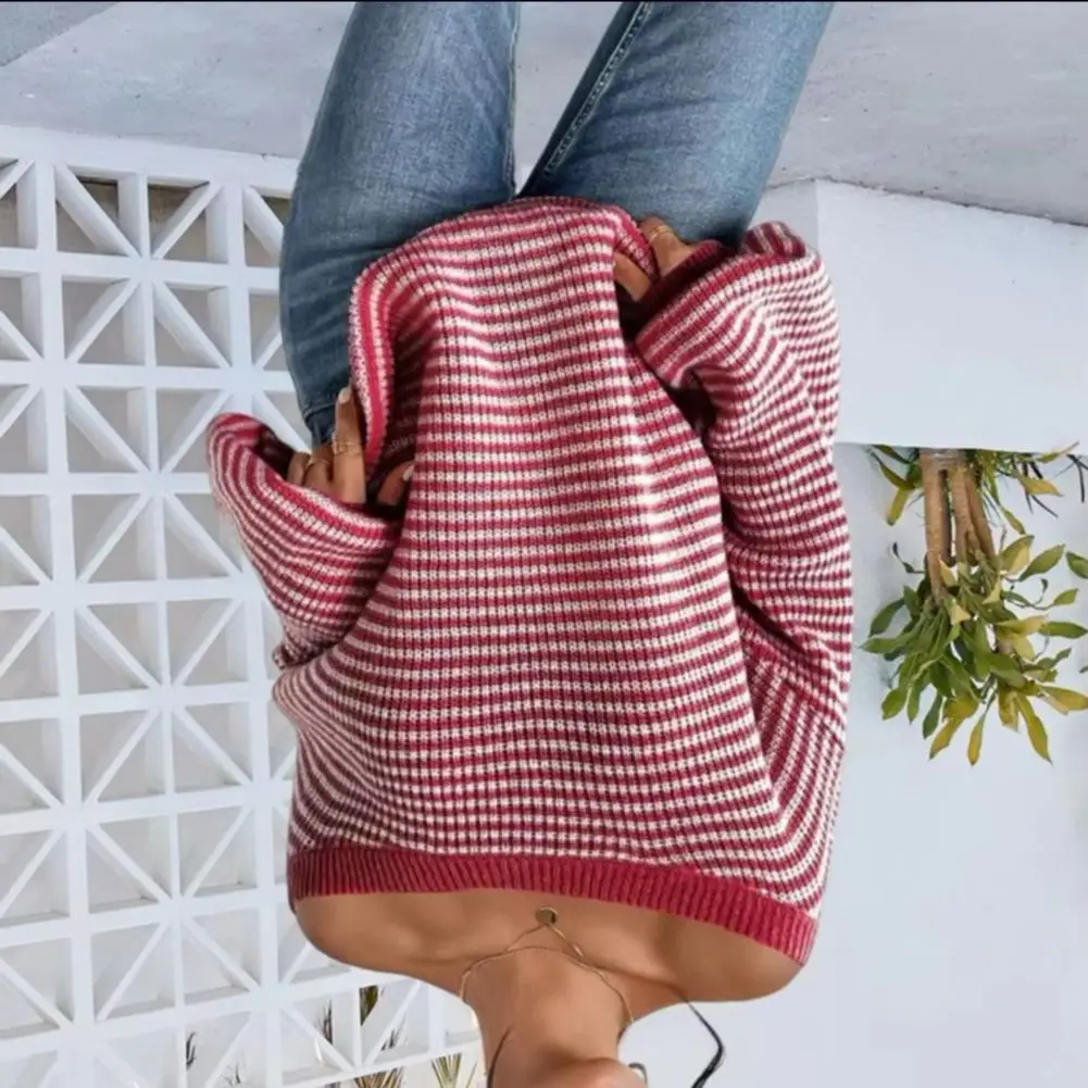 Women Sweater Off Shoulder Oversized Long Sleeve Knit Pullover Top Loose Fit Striped Print Soft Stretchy Knitting Tops
