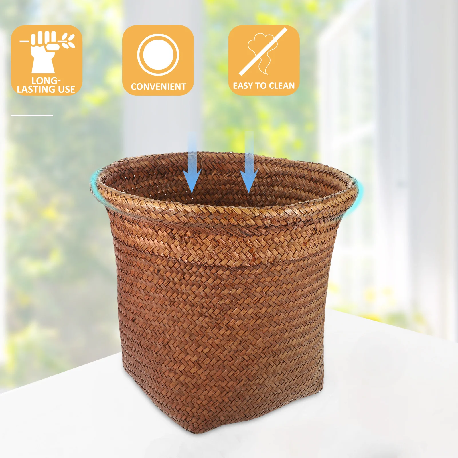 

Straw Woven Wastebasket Natural Retro Design Smooth Edges For Home Office Bedroom Kitchen Bathroom Desktop Countertop Garbage