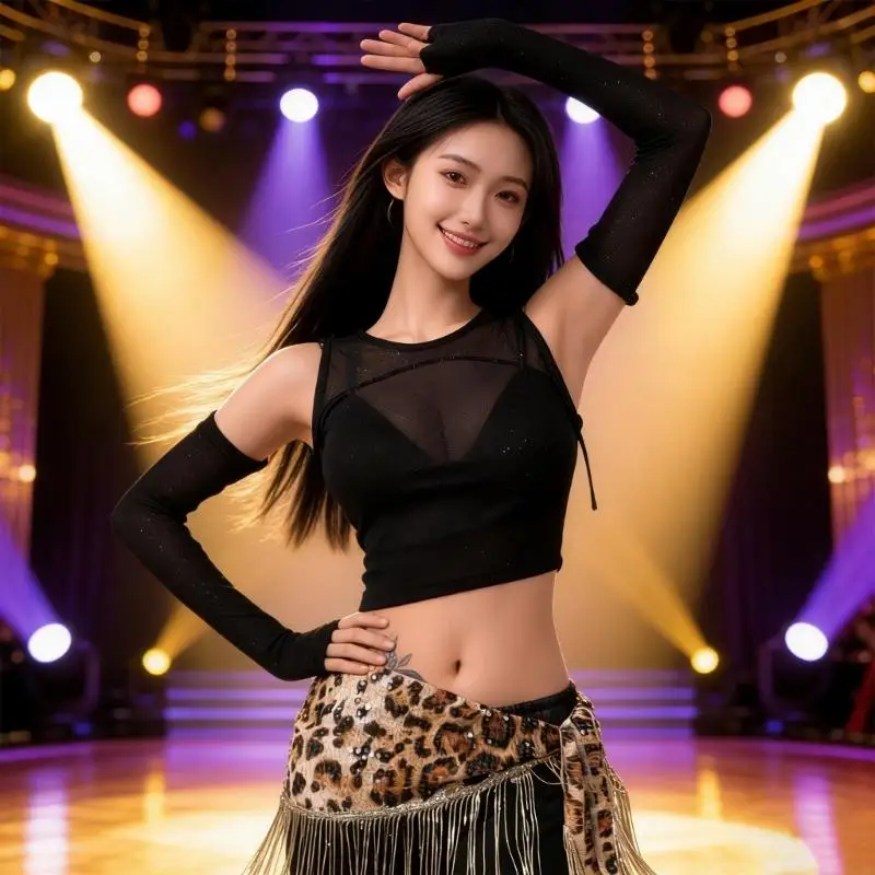 

Leopards Print Dance Hip Wrap Skirt Glittering Sequins Belly Dance Hip Scarf with Long Tassels For Stage Show 69HD