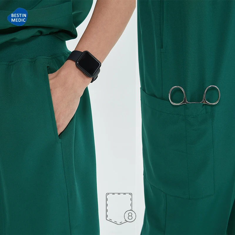 زي عمل المستشفى الأخضر بأكمام قصيرة طقم فرك سريري للنساء والرجال والممرضات برقبة على شكل حرف v سروال ركض S21