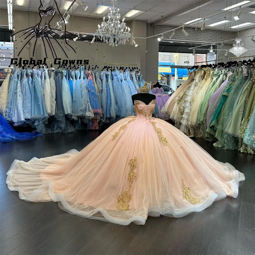 

Mexico Pink Strapless Ball Gown Quinceanera Dresses For Girls Beaded Appliques Birthday Party Gowns Lace Up Back Graduation