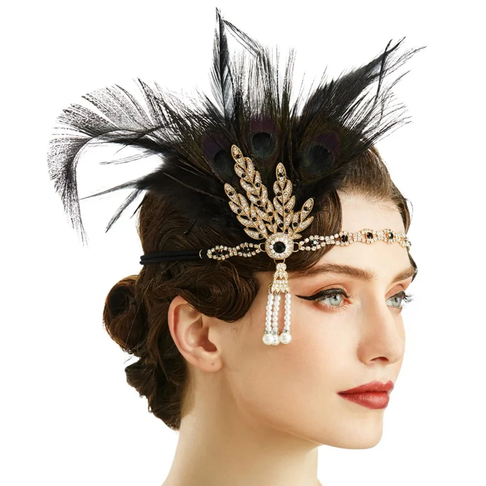 

Trendy Elegant Feather Headband 1920s Diamond Masquerade Hair Band Vintage Makeup Party Hair Accessories Party