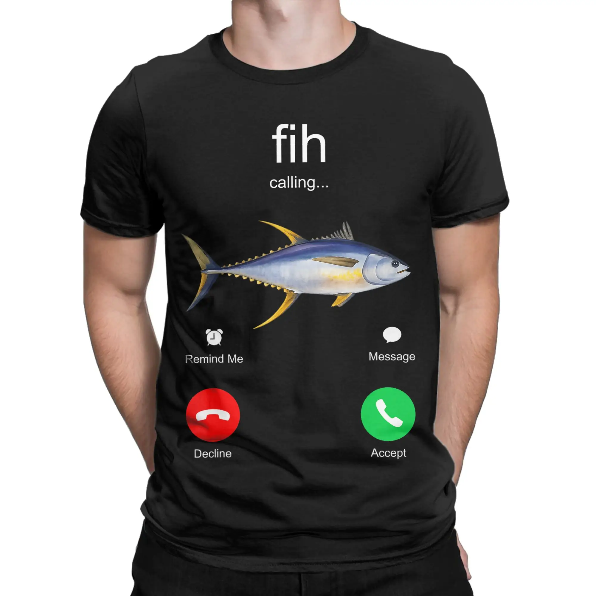 Fih Calling Remind Me Message Decline Accept Phone Call Fish T Shirts for Men 100% Cotton Funny T-Shirts Crew Neck  Tees Printed