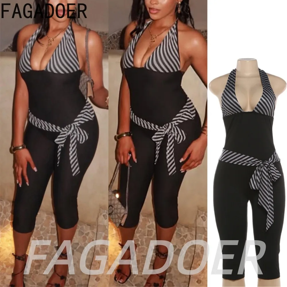 FAGADOER Fashion Striped Patchwork Rompers Sexy V Neck Lace-up Halter Waist Bandage Bodycon Jumpsuits Streetwear Club Playsuits