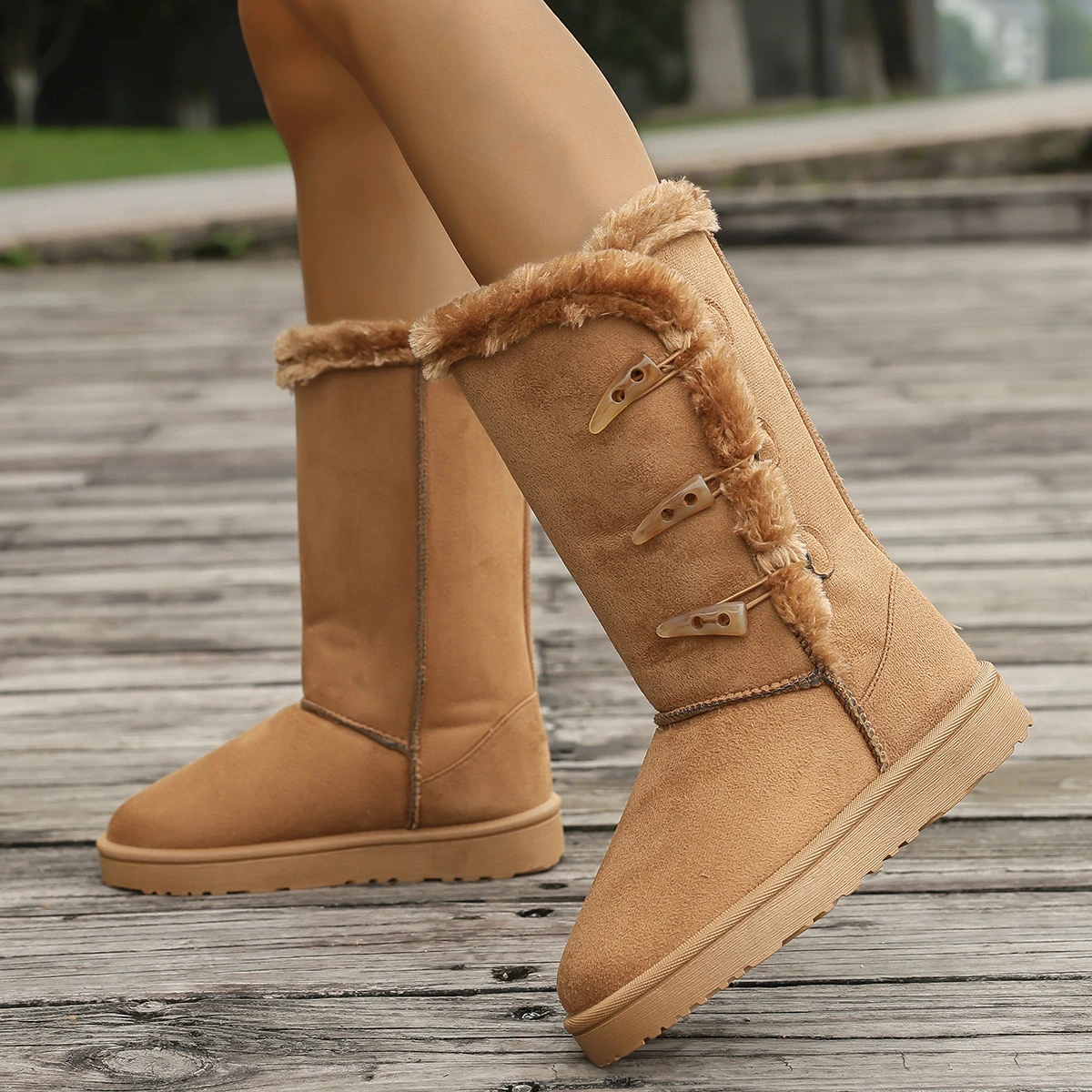 Damen Schneestiefel Winter Halbstiefel Warme Baumwollschuhe Mode Einfarbige Knopf-Stiefel für Damen Braune Lange Stiefel Übergröße 36-42 – Detail 5