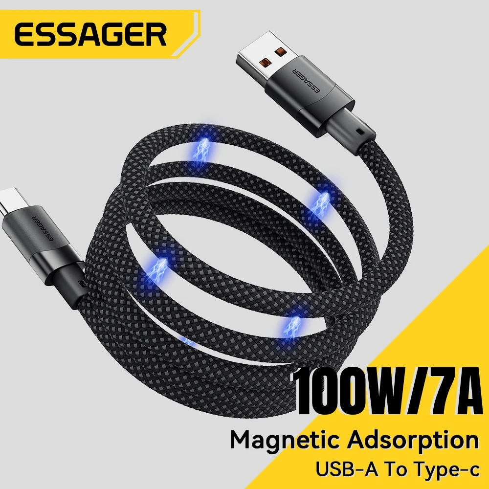 Essager 7A USB A To Type C Fast Charging Cable 100W Magnetic Suction Anti Winding Data Wire Cord For Samsung OPPO Onplus Realme