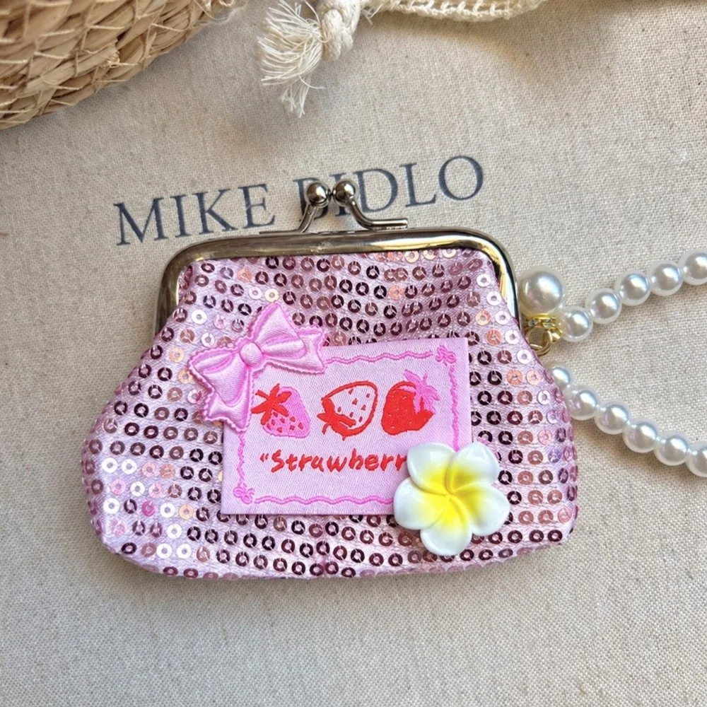 Portable Polka Dots Coin Purse Kiss Lock Sparkly Sequins Small Cosmetic Bag with Detachable Pearl Chain Travel Wrist Pouch