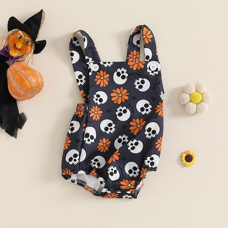 Pudcoco Infant Newborn Baby Girl Overalls, Sleeveless Ghost Bat Print Romper Bodysuit Halloween Clothes 0-18M