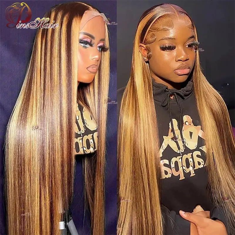 

Highlight Straight Lace Frontal Human Hair Wigs Pre Plucked For Women P4/27 Colored 13X6 Lace Frontal Wig Honey Blonde Remy Hair