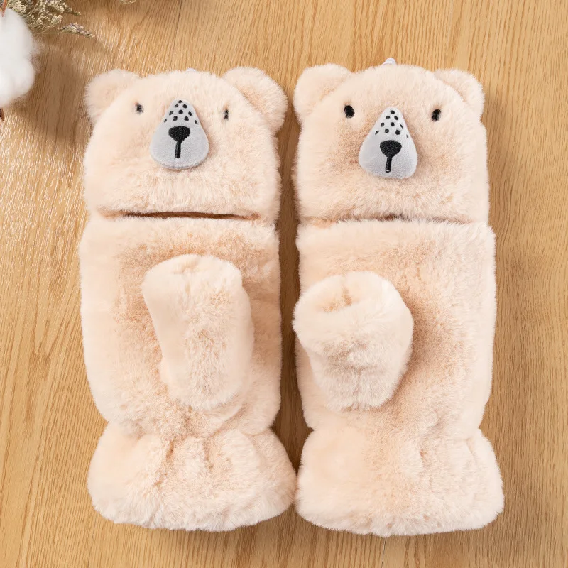 Cartoon peluche Cat Bear guanti senza dita guanti di pelliccia inverno morbido caldo guanti spessi per donna ragazza mezze dita guanti a prova di