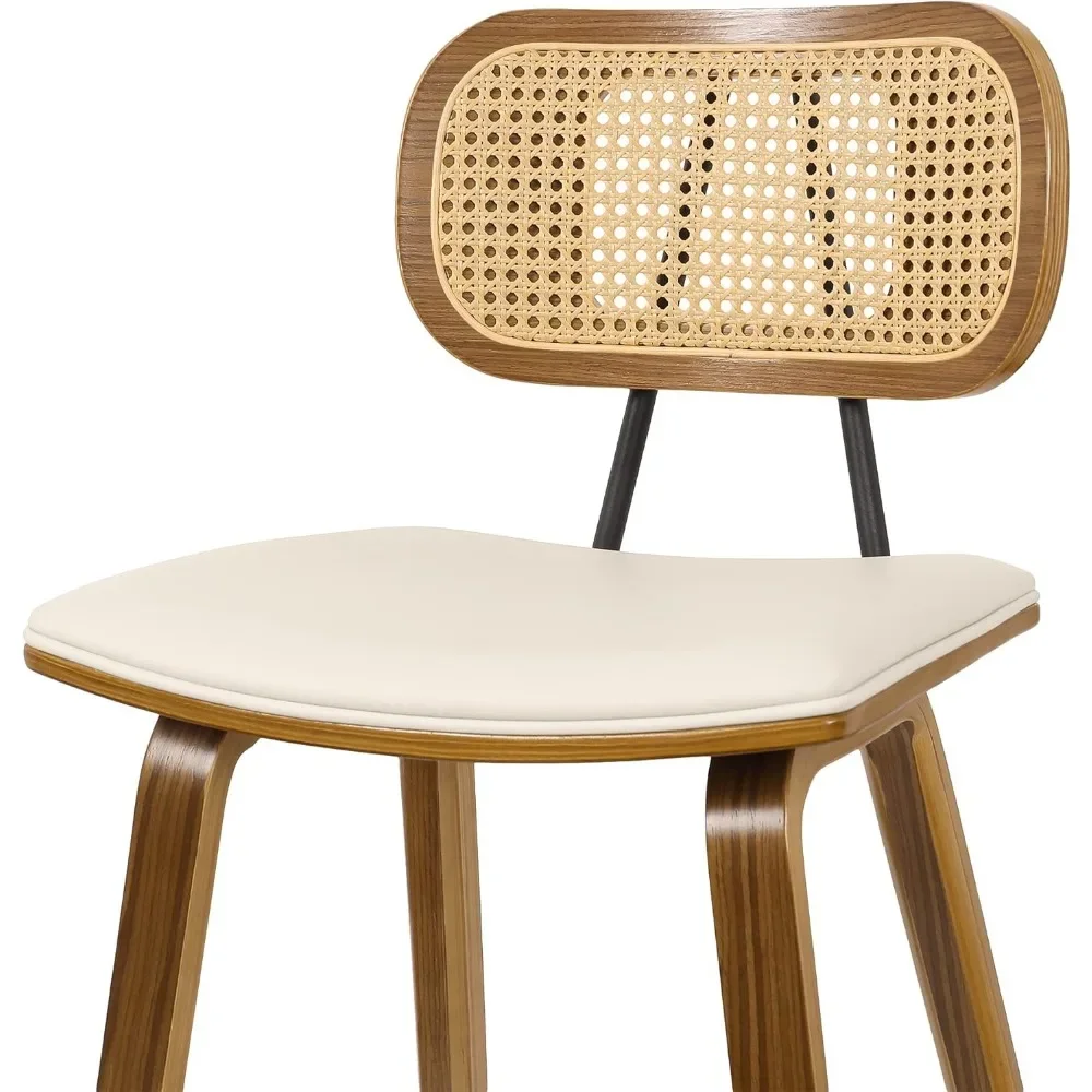 Counter Height Bar Stools Set of 3,26" Wood Kitchen Stool PU Leather Upholstered Barstool with Rattan Back,Cream White image 6