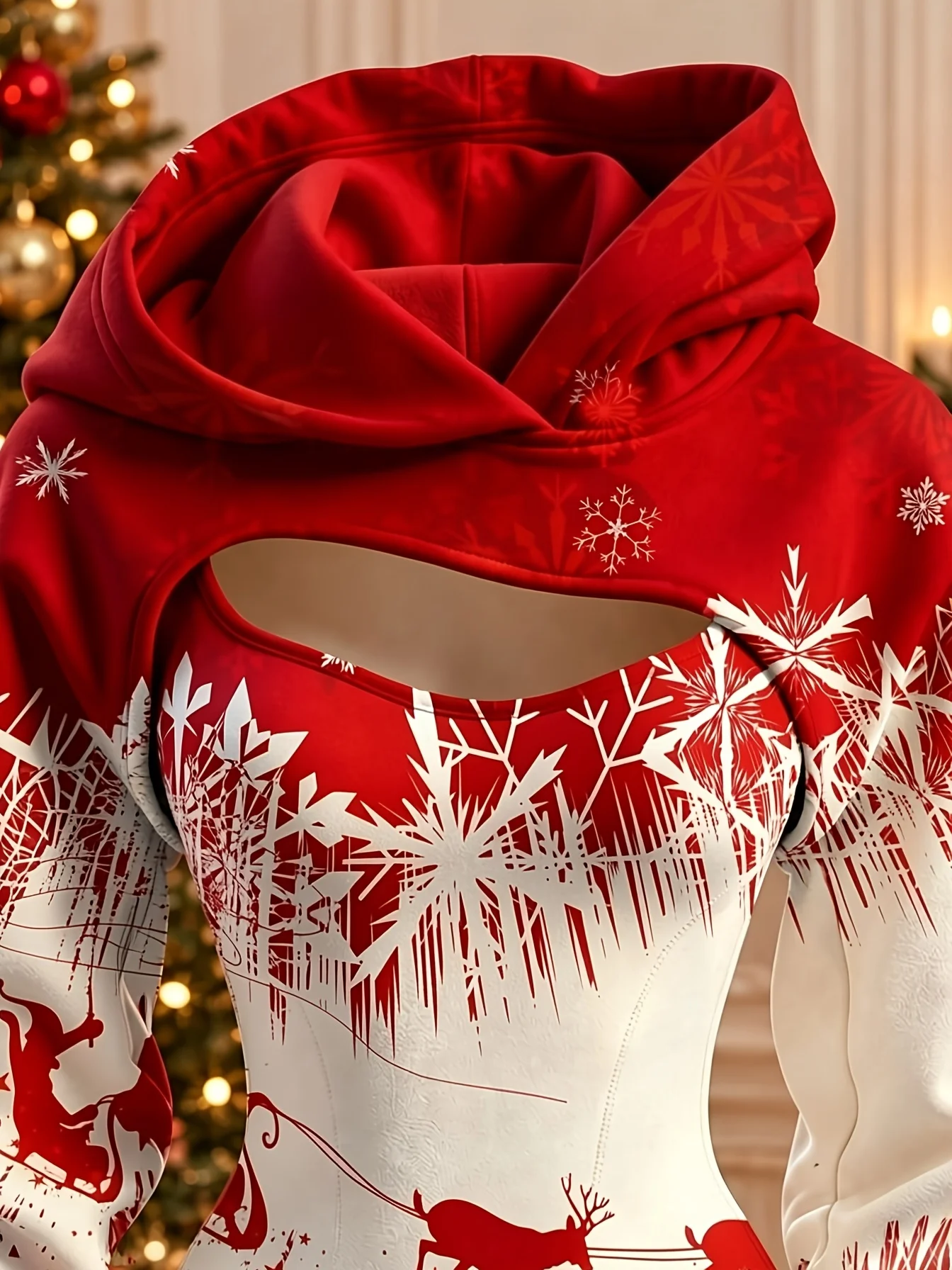 Women Christmas Reindeer Snowflake Print Double Hood Bodysuit Hollow Out Long Sleeve Hoodie Winter Outfit