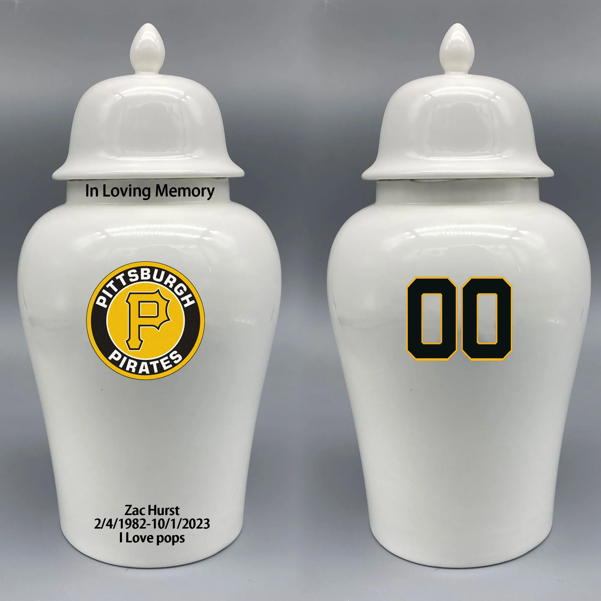 

Large Urn for Pittsburgh Pirates-themed Logo Urn.Please send me the customize information-name/date and number on the urn