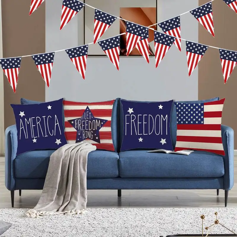 18in 4th July National Holiday Cushion Independence Day Pillow Cover Patriotic Home Decoration Linen Pillowcase American Flag