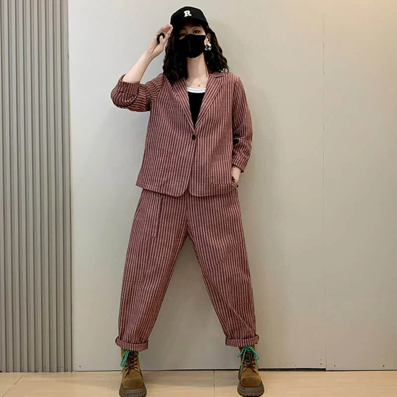 Set di pantaloni vintage Cappotti a righe a maniche lunghe e pantaloni Harem casual Set di due pezzi larghi in stile coreano Harajuku Abiti da donna