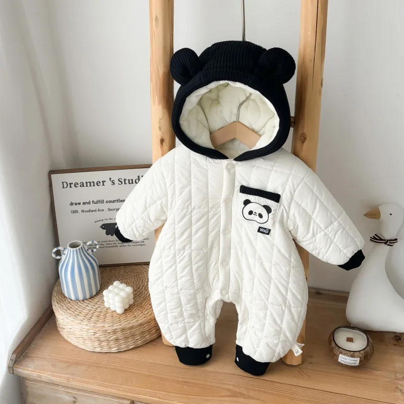 2024 Winter Korean Baby Boys Jumpsuit Cartoon Panda Thick Cotton Padded Warm Newborn Boys Rompers Infant Boys Outerwears