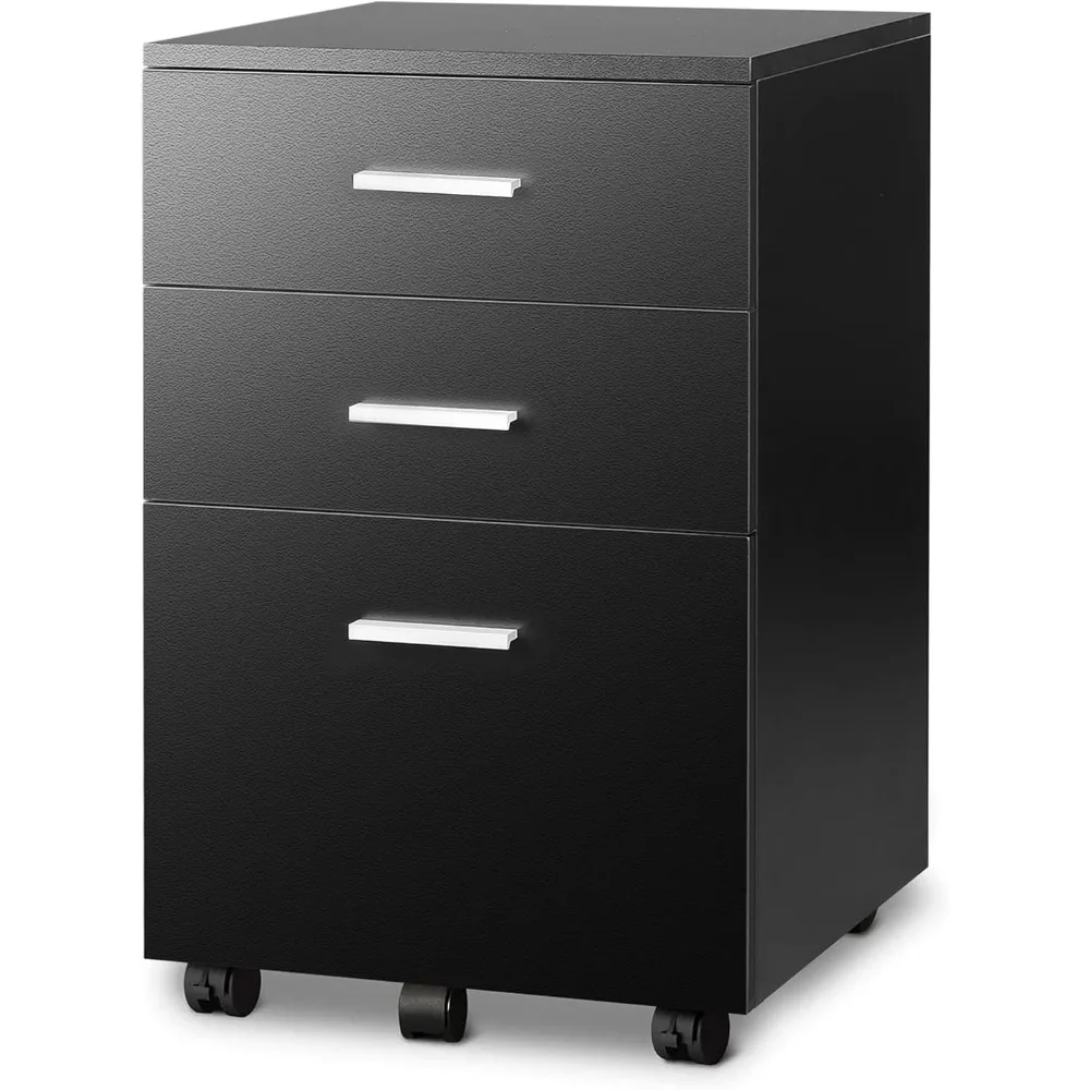 

3 Drawer Wood Mobile File Cabinet, Rolling Filing Cabinet for Letter/A4 Size, Black File Cabinet