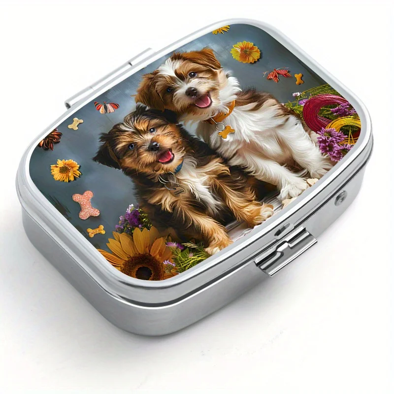 Cute Puppy Design, Portable Travel Medicine Box, Mini Size, Double Compartment for Vitamin Storage, Moisture-proof Seal