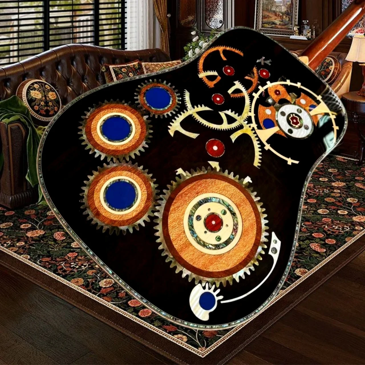 D200 Acoustic Guitar Steampunk Design Brass Mechanical Gears Spliced Body Binding Mother Pearl Fingerboard Inlays Collectible