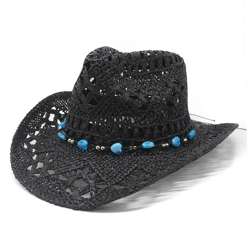 New Hollow Handmade Straw Cowboy Hat, Blue Beads, Rolled Brim Summer Sun Beach Cap