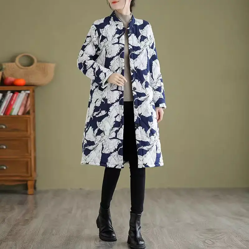 Women's Cotton and Linen Print Fleece Jacket Warm Autumn And Winter Medium Length Loose Standing Collar Casual Outerwear Z3697