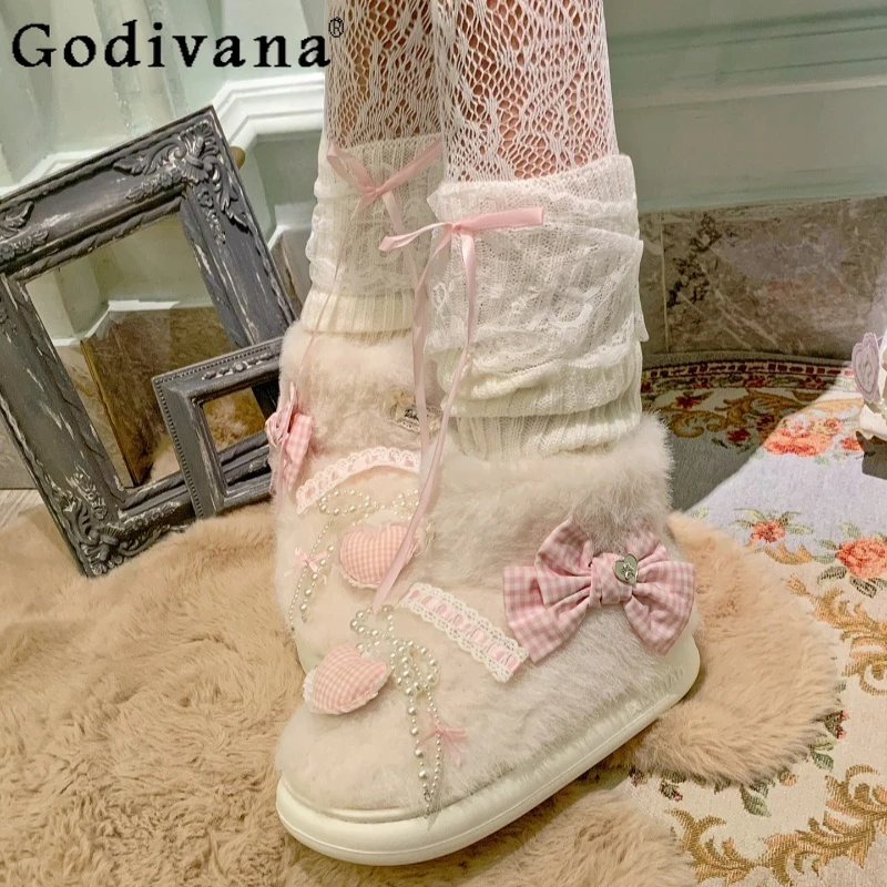 الأصلي الوردي منقوشة القوس الخريف الشتاء الثلوج الأحذية الإناث الدافئة الشارع ارتداء أحذية بوت قصيرة المرأة الحلو نمط اليابانية الثلوج الأحذية #4