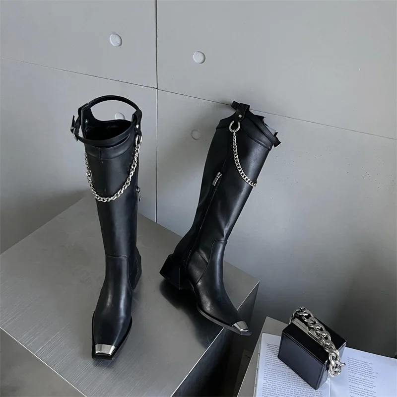 

Europe Station New Thick Heeled Square Toe Gold Chains Knee High Boots Women Nightclub Street Four Seasons Black Long Boot