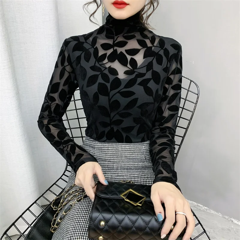 2023 New Korean style High neck Velvet Mesh Tops Long-sleeved Black bottoming shirt Sexy Women\'s t-shirt