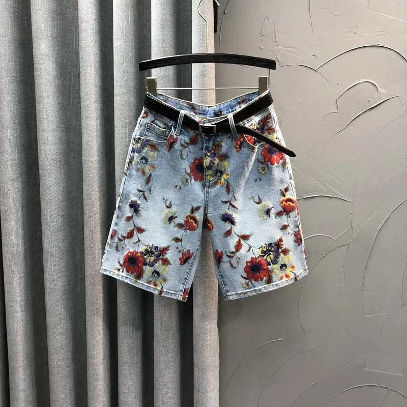 Rose Print Denim Shorts  Women High Waisted Casual  Straight Leg Jeans Summer New Loose All-Matched Half Pants Female Streetwear