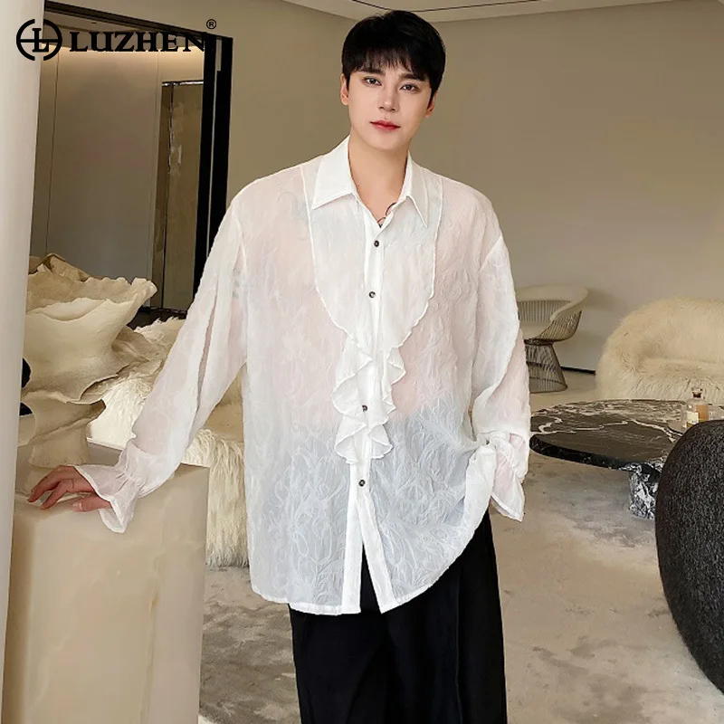 LUZHEN Stylish High Quality Organza Translucent Long Sleeve Shirts Men's 2024 New Fashion Solid Color Ruched Design Tops LZ2394