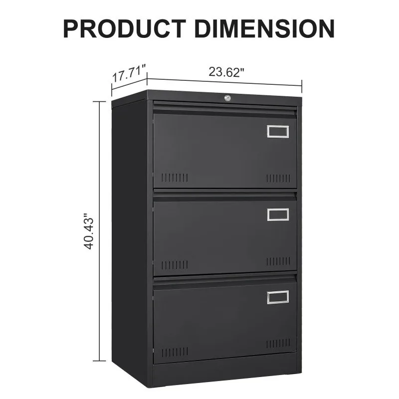 Lateral 3 Blcak Locking Metal File Cabinets Three Drawer, Office Fig Cabinet With Lock Drawers For Home