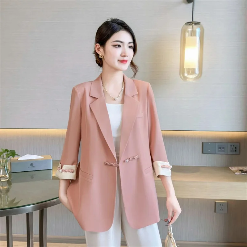 Retro Women Blazer Jacket Spring Summer New  Korean Thin Three-quarter Sleeve Suit Ladies Casual Slim Wild Blazers Lady Tops