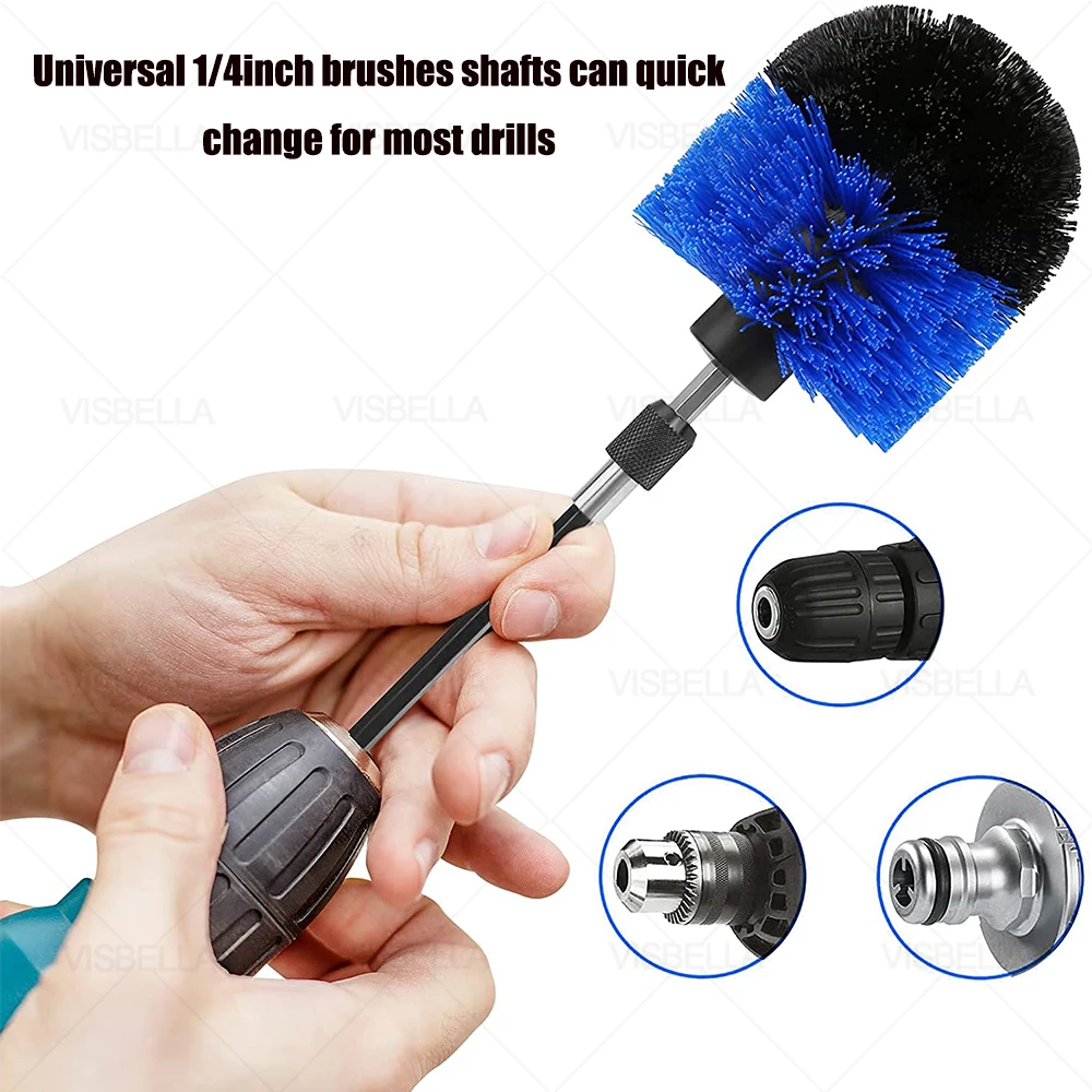 Brosse à récurer électrique, kit de perceuse, brosse ronde en plastique pour livres, tapis, verre, pneus de voiture, rallonge de brosses en nylon, 4