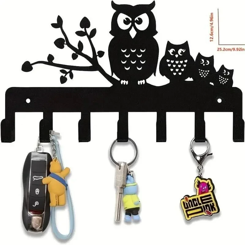 Multi-Purpose Black Metal Owl Key Holder Hooks for Door, Corridor, Foyer, Bedroom,Dormitory - 7 Hook Racks wall decor