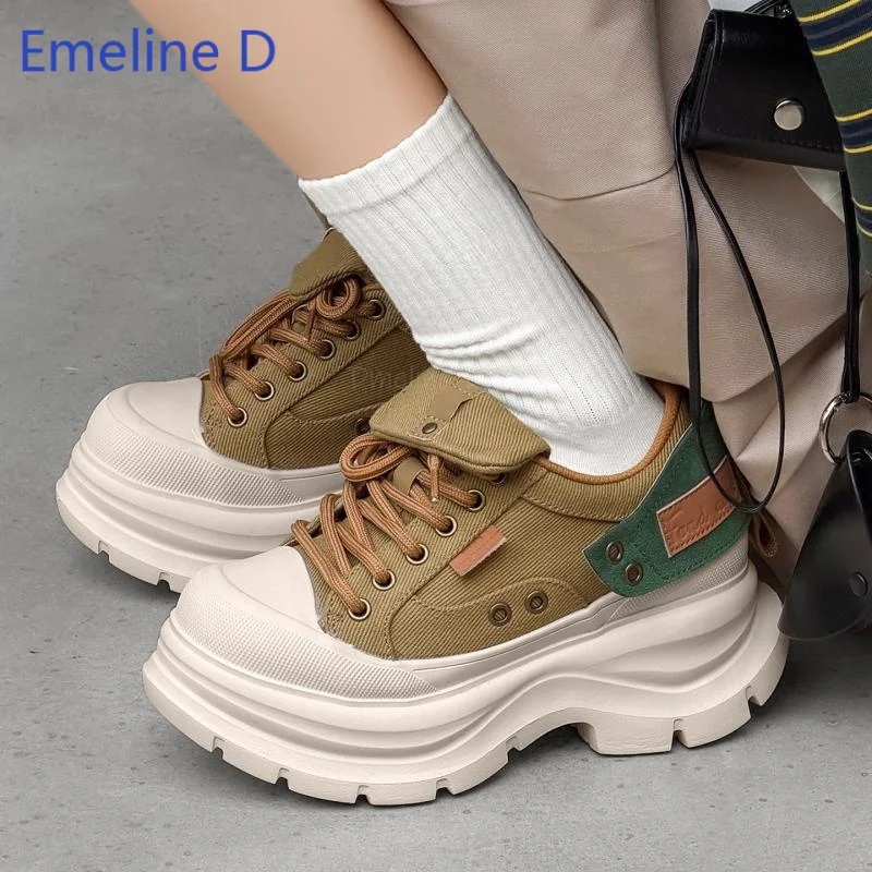 Unisex Hidden Height Platform Sneakers Canvas Upper Color Block Patchwork Lace Up 7cm Thick Trendy Casual Daily Couple Shoes