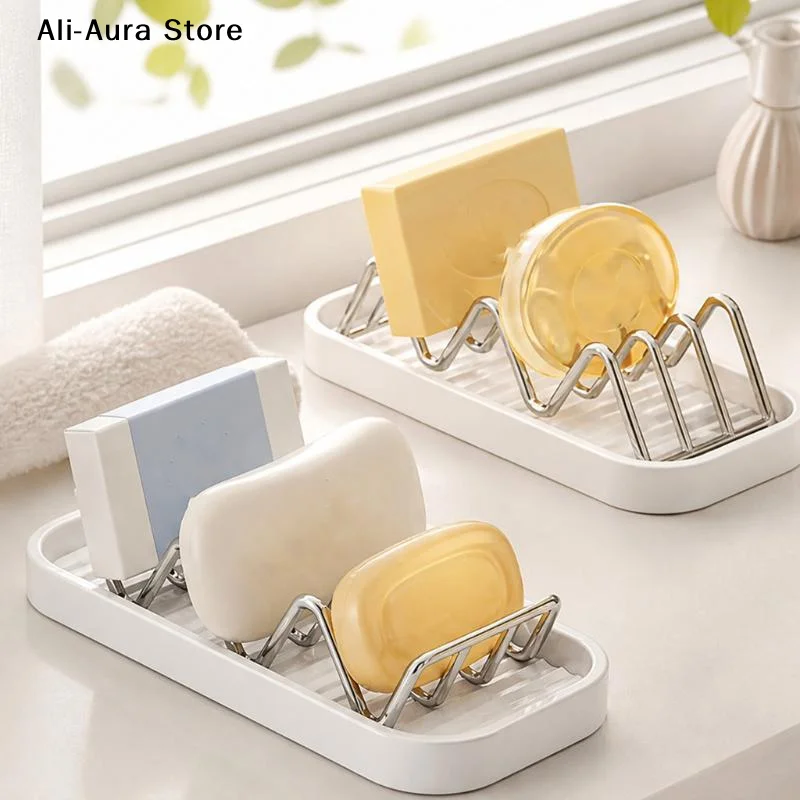 1Pcs Self Draining Soap Holder With Rustproof Stainless Steel Rack Drain Tray Perfect For Bathroom Kitchen Countertop