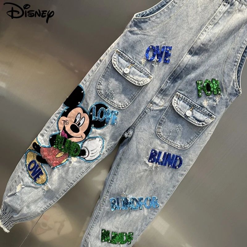 Imagem -03 - Disney Nova Chegada Top Fashion Primavera e Verão Mulheres dos Desenhos Animados Mickey Mouse Lantejoula Varas Macacão Denim Calças Strappy