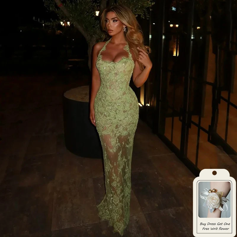 OEING Green Mermaid Lace Embroidery Prom Dresses Sequins Sleeveless vestidos de noiva Halter Illusion Evening Dress Customized