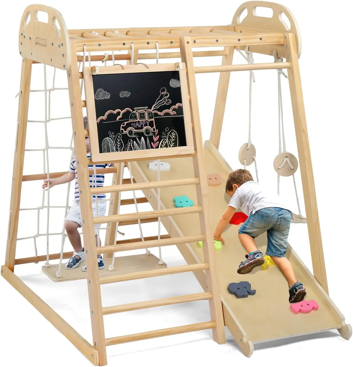 8-in-1 Indoor Jungle Gym voor kinderen en peuters met hangende brug en schommel, houten binnenspeeltuin met glijbaan, schoolbord, L