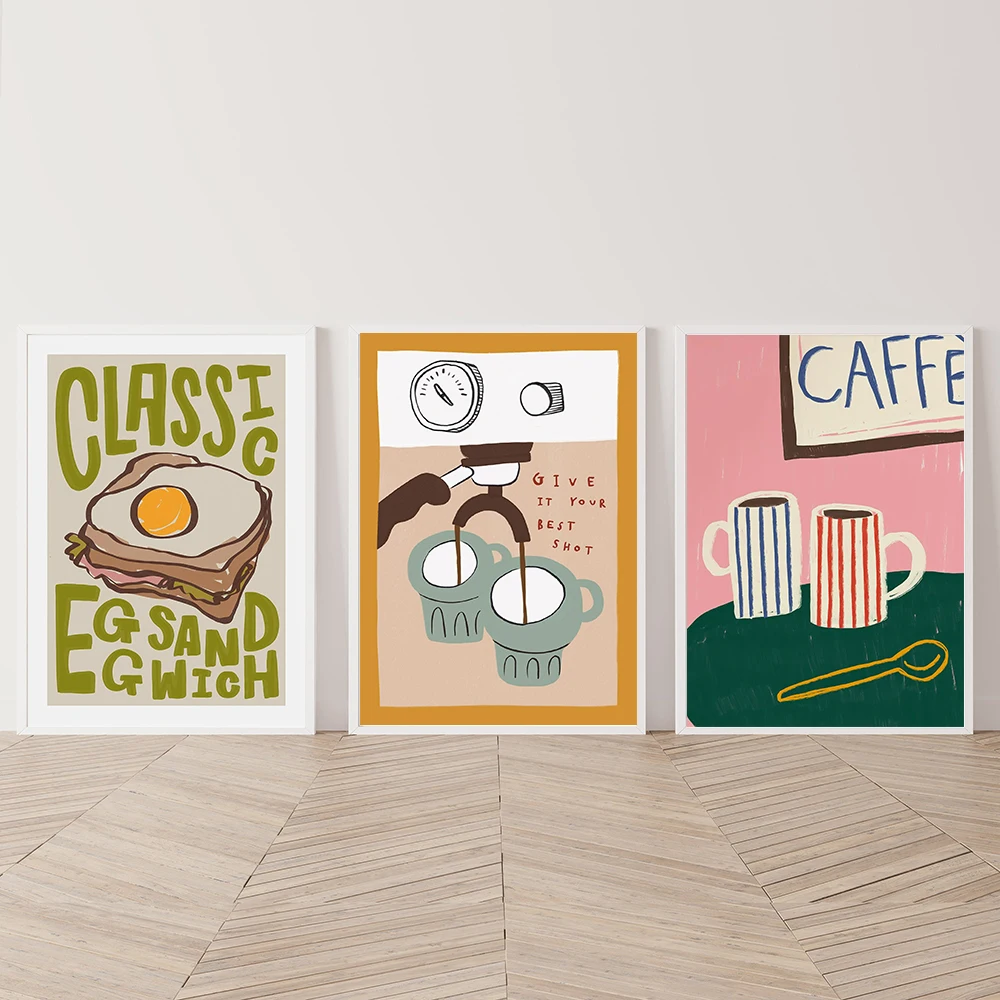Caffé Stripe Mugs Print Coffee Classic Egg Sandwich Poster Wall Art Decor Aesthetic Trendy Kitchen Dining Room Home Decor Murals