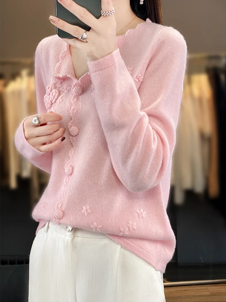

2025 New Fall Winter Sweater100% Wool Cardigan Long Sleeve Knitwear Coat Women's Sweater High Grade Fashion Comfortable Pullover