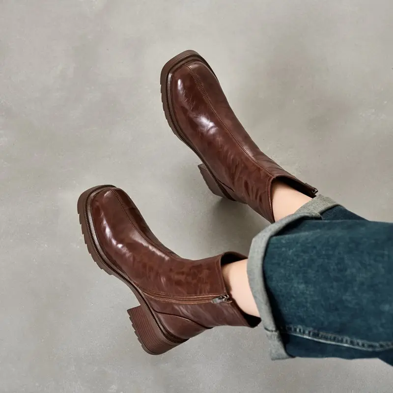 MORAZORA Size 34-41 Genuine Leather Snow Boots Women Zipper Square High Heels Nature Wool Warm Winter Boots Handmade Ankle Boots - view 3