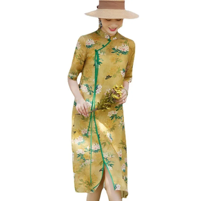 Verano 2023 adelgazante A-Line Midi Dr estampado Floral cuello Qipao mujer de talla grande tela de lino Casual ropa de oficina comodidad en el hogar