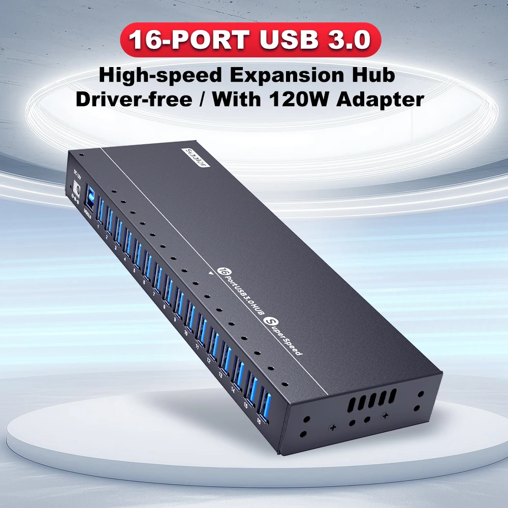Sipolar A-316 16 Port USB 3.0 Hub  Powered USB Splitter 12V 10A Adapter Data Hub for Tablet  Phone Charging Station
