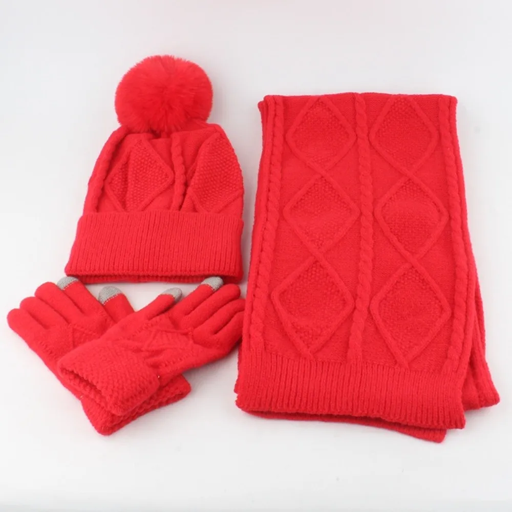 Yarmulke Conjunto de bufanda y gorro elástico con pantalla táctil, guantes cálidos a prueba de frío, gorro de lana con bola de felpa con estampado de rombos para exteriores