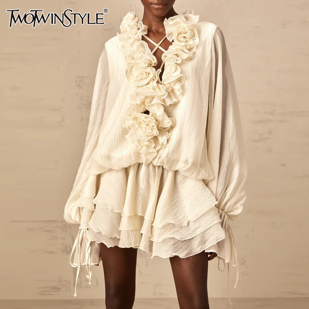 TWOTWINSTYLE Solid Loose Spliced 3D Flowers Dresses for Women V Neck Long Sleeves Patchwork Ruffles Fold Dress Female Clothing
