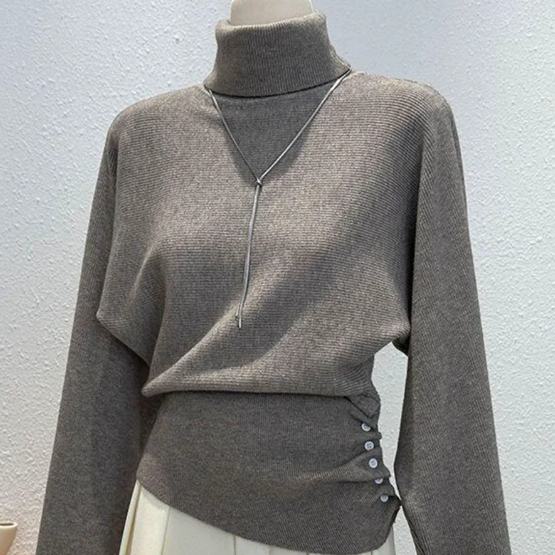 طالب الكرتون ملابس النساء عادية محبوك سترة الخريف الشتاء عالية الرقبة الجانب الطية تصميم بلايز 25 نمط جديد عصري #2