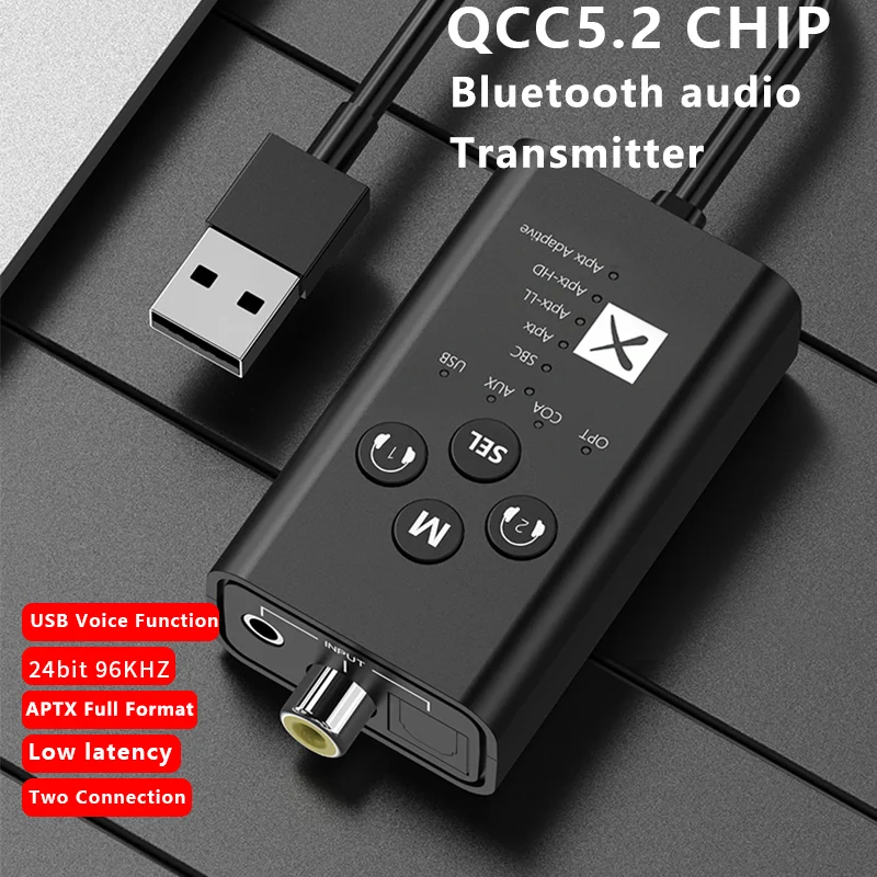 Qualcomm QCC3056 24Bit Bluetooth 5.2 Audio Transmitter aptX LL HD Adaptive USB 3.5mm AUX Optical Fiber Coaxial Wireless Adapter
